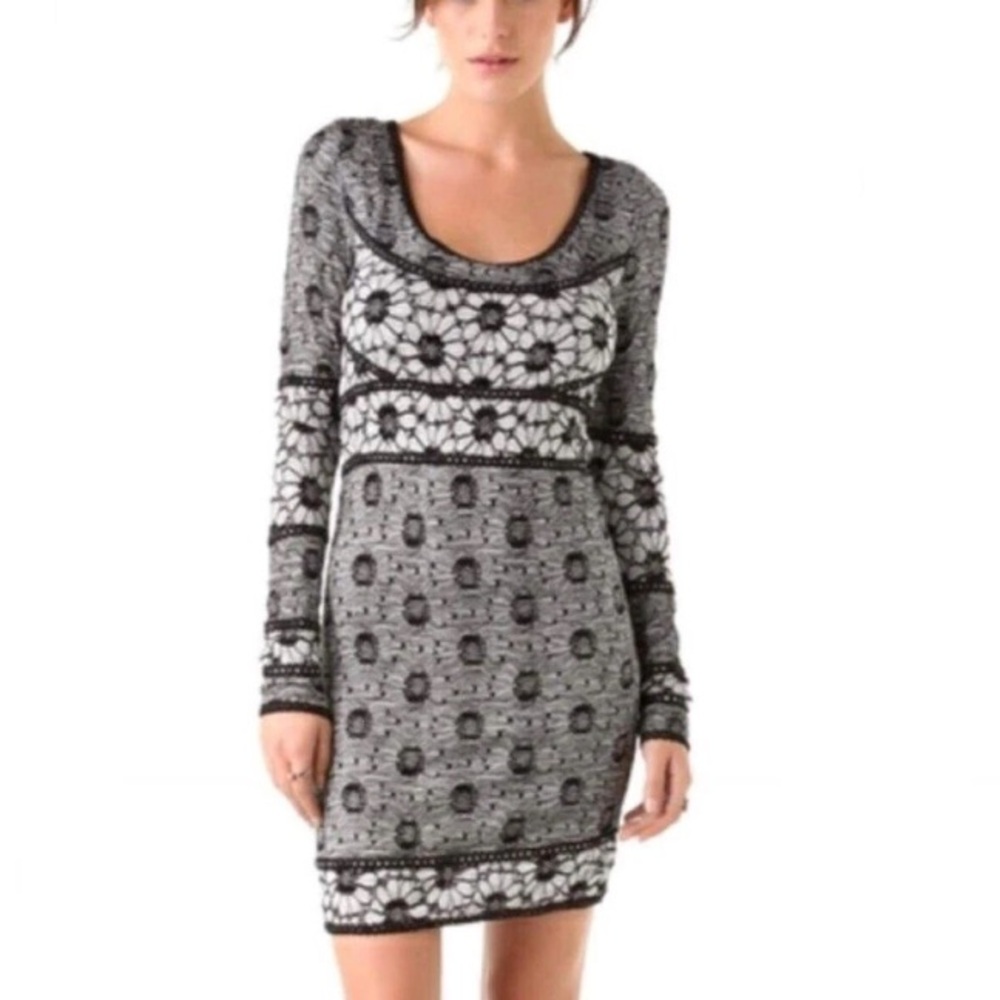 Free People Eyelet Knit Fitted Dress Black White Long Sleeve Lined Women's S